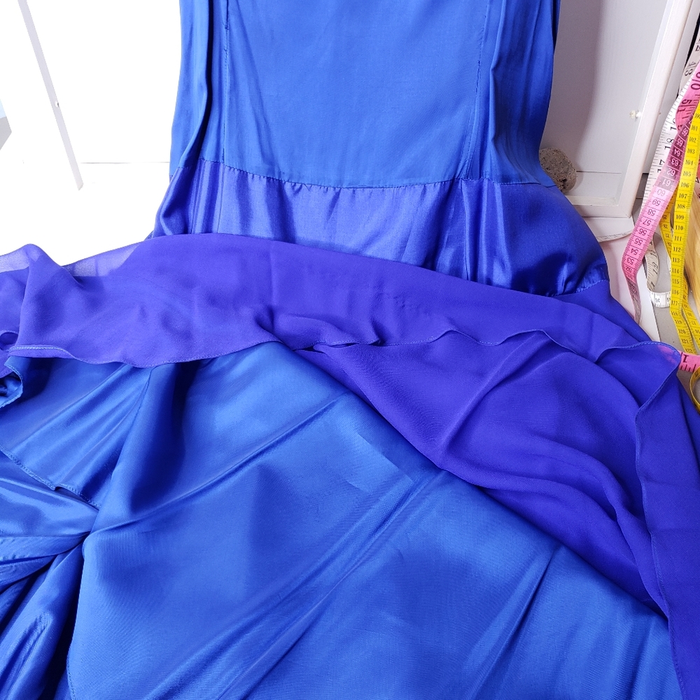 Vtg Maxi Slip Dress Flowy Royal Blue Silk Y2K Pixi Fairy Crepe Sheer Satin Event - Picture 12 of 15